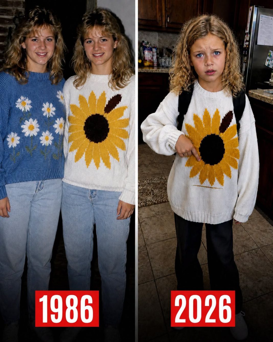 Moja sestra blizanka nestala je u svom džemperu sa suncokretom na naš 16. rođendan 1986. – 40 godina kasnije, moja unuka došla je kući noseći ga… i rekla: “Dala mi ga je čistačica škole” - featured image