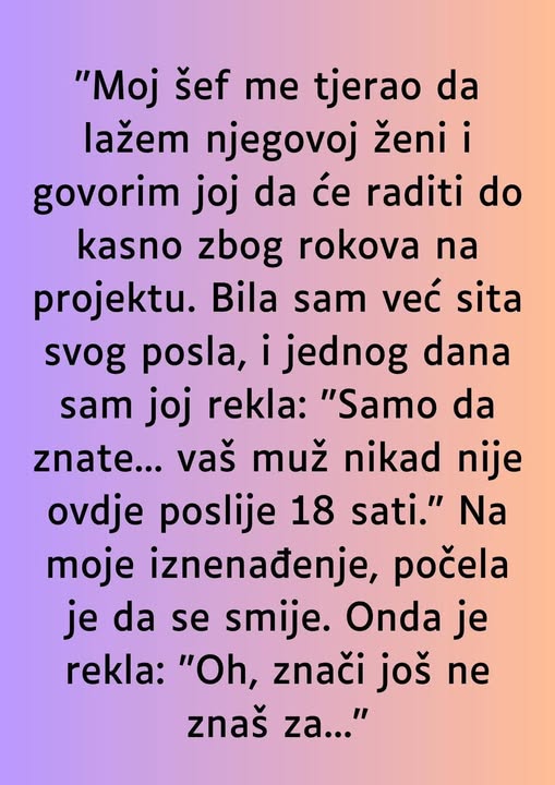 “Sef me tjerao da lazem njegovoj zeni da ostaje duze na poslu, a onda jedan dan sam se slomila…” - featured image